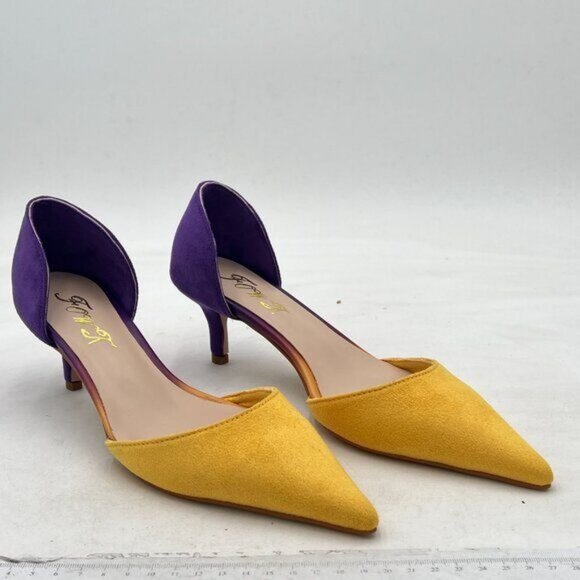 FOWT Yellow And Purple Pointed Toe Kitten Heel Pumps Slip On Two Toned D'Orsay - Picture 3 of 7